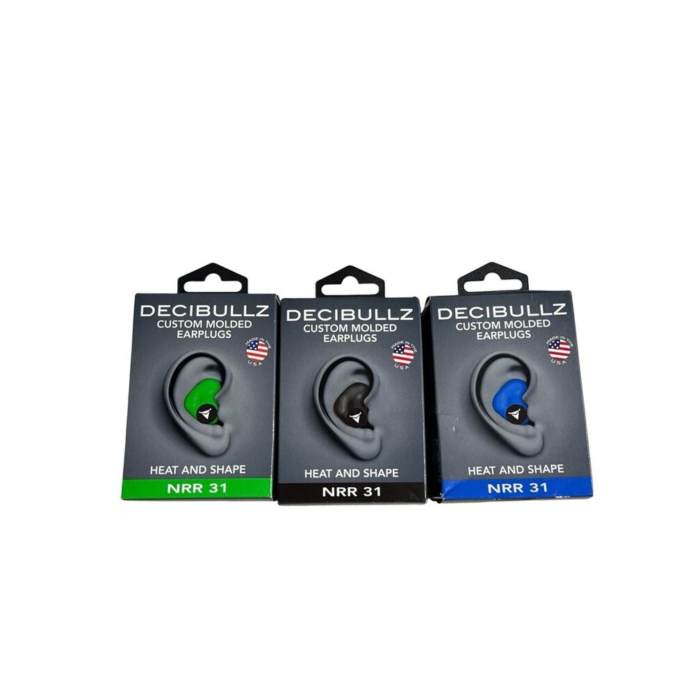 Lot Of 3 Decibullz Custom Molded Earplugs Brand New Sealed NRR 31 green.blue.blk